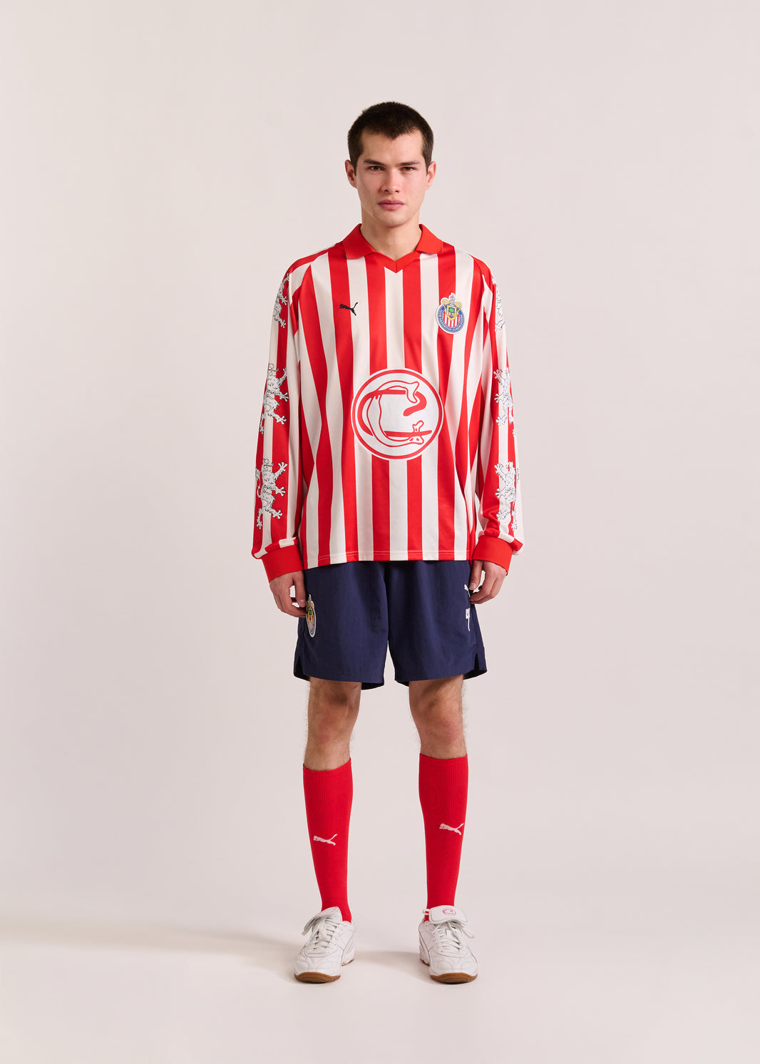 PUMA X LYM X CHIVAS LONG SLEEVE WHITE AND RED RETRO JERSEY SELECT.